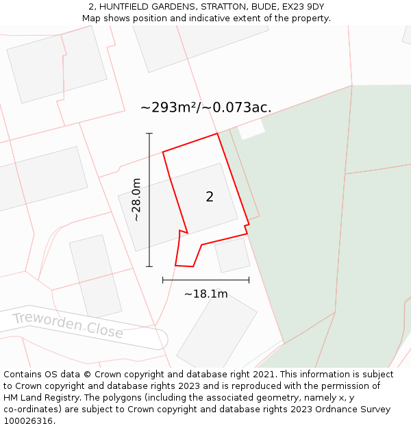 2, HUNTFIELD GARDENS, STRATTON, BUDE, EX23 9DY: Plot and title map