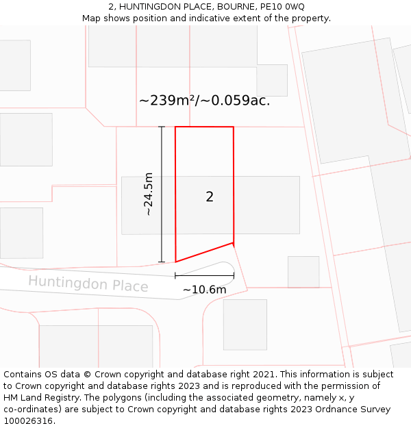 2, HUNTINGDON PLACE, BOURNE, PE10 0WQ: Plot and title map