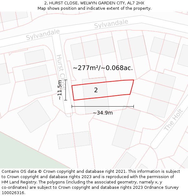 2, HURST CLOSE, WELWYN GARDEN CITY, AL7 2HX: Plot and title map