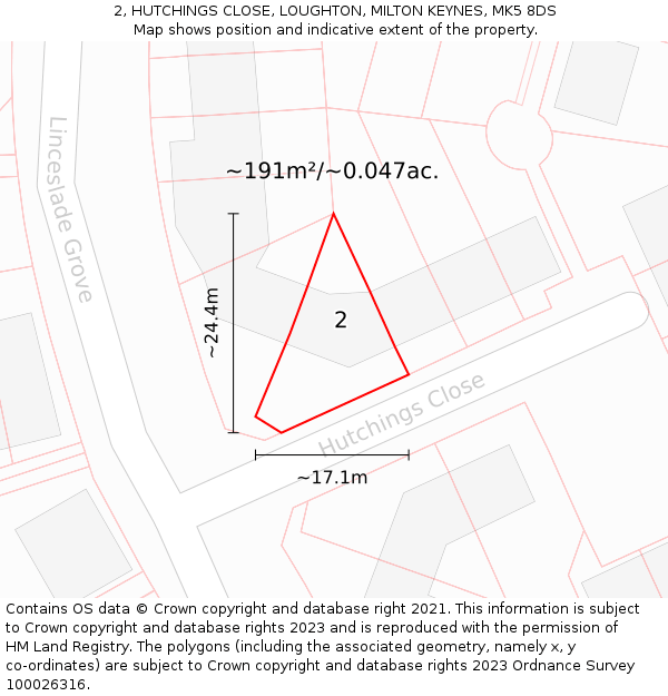 2, HUTCHINGS CLOSE, LOUGHTON, MILTON KEYNES, MK5 8DS: Plot and title map