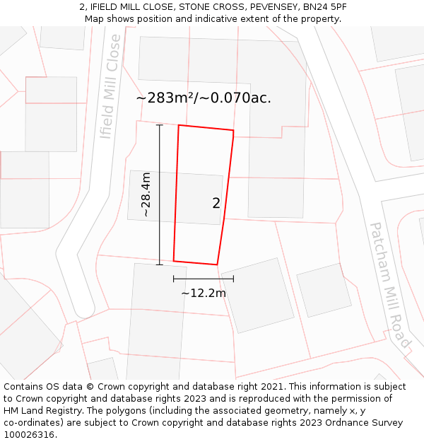 2, IFIELD MILL CLOSE, STONE CROSS, PEVENSEY, BN24 5PF: Plot and title map