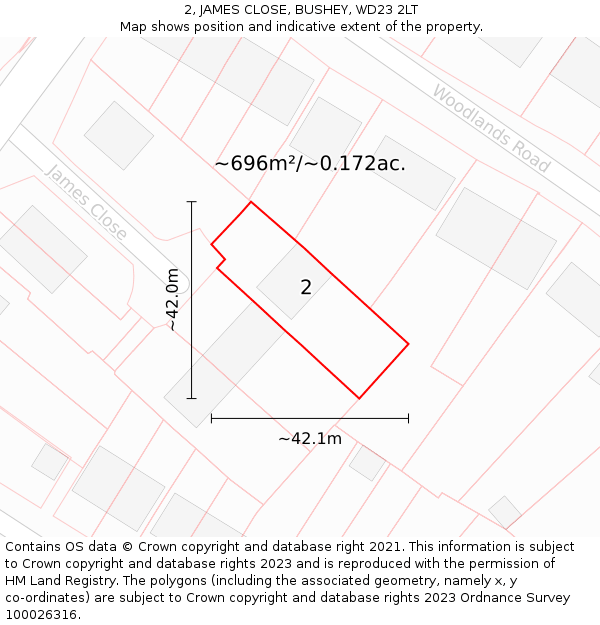 2, JAMES CLOSE, BUSHEY, WD23 2LT: Plot and title map