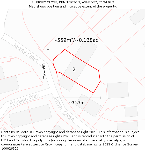 2, JERSEY CLOSE, KENNINGTON, ASHFORD, TN24 9LD: Plot and title map