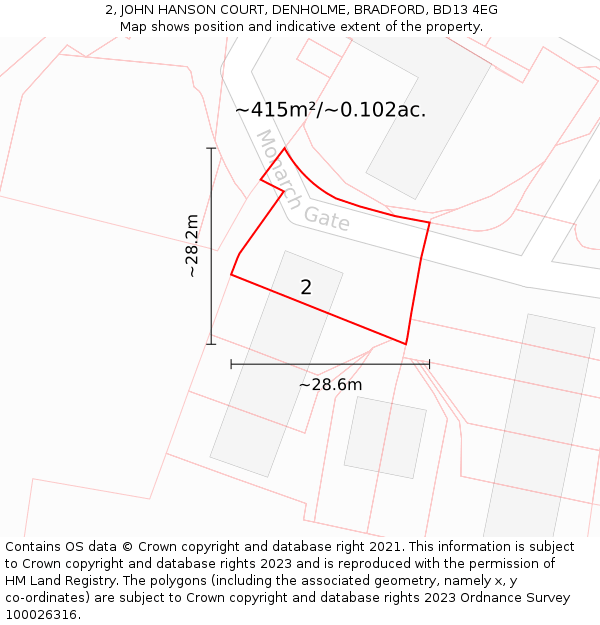 2, JOHN HANSON COURT, DENHOLME, BRADFORD, BD13 4EG: Plot and title map