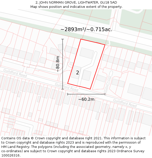 2, JOHN NORMAN GROVE, LIGHTWATER, GU18 5AD: Plot and title map