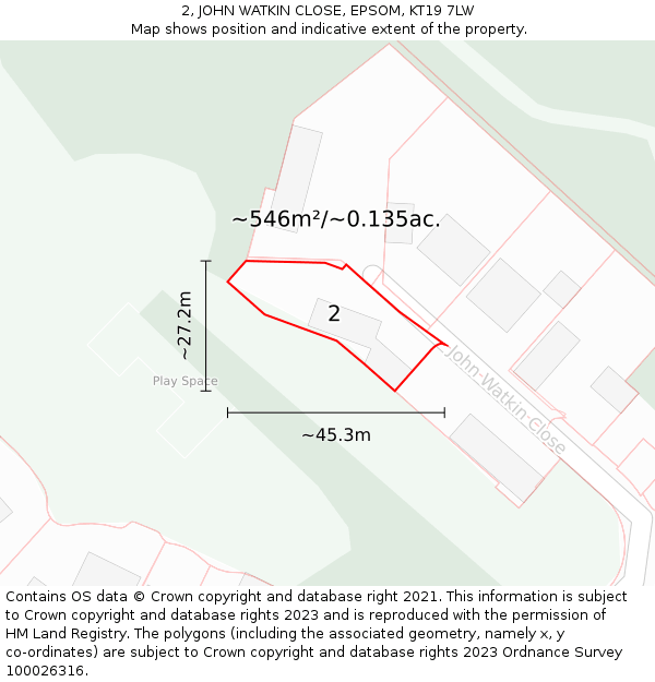 2, JOHN WATKIN CLOSE, EPSOM, KT19 7LW: Plot and title map