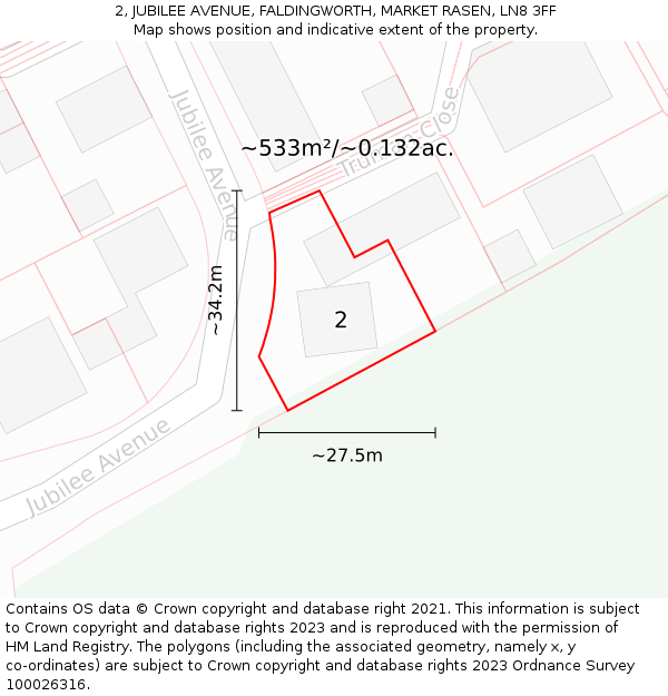 2, JUBILEE AVENUE, FALDINGWORTH, MARKET RASEN, LN8 3FF: Plot and title map