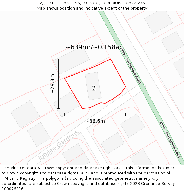 2, JUBILEE GARDENS, BIGRIGG, EGREMONT, CA22 2RA: Plot and title map