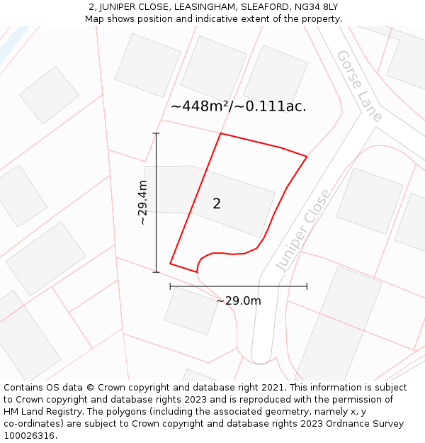 2, JUNIPER CLOSE, LEASINGHAM, SLEAFORD, NG34 8LY: Plot and title map