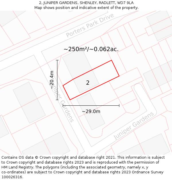 2, JUNIPER GARDENS, SHENLEY, RADLETT, WD7 9LA: Plot and title map