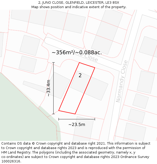 2, JUNO CLOSE, GLENFIELD, LEICESTER, LE3 8SX: Plot and title map