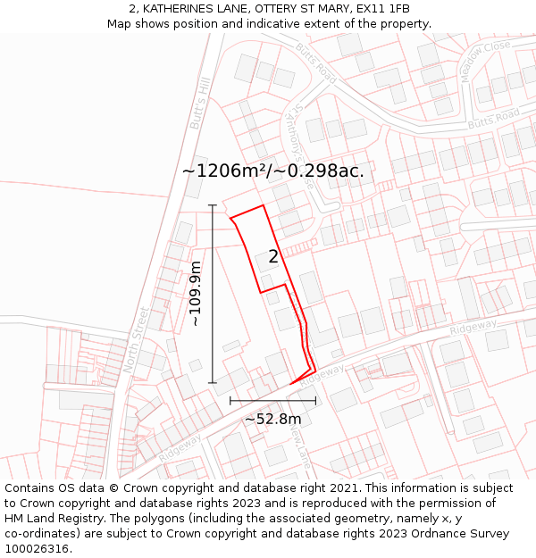 2, KATHERINES LANE, OTTERY ST MARY, EX11 1FB: Plot and title map