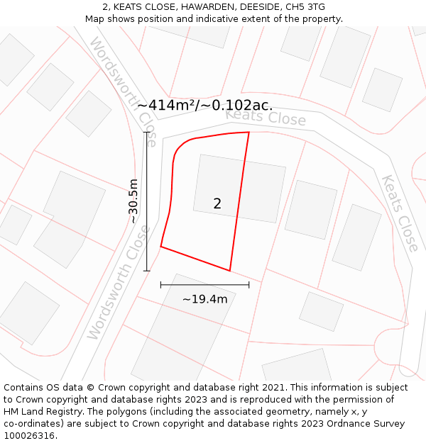 2, KEATS CLOSE, HAWARDEN, DEESIDE, CH5 3TG: Plot and title map