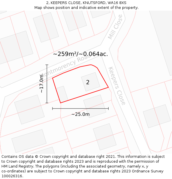 2, KEEPERS CLOSE, KNUTSFORD, WA16 8XS: Plot and title map
