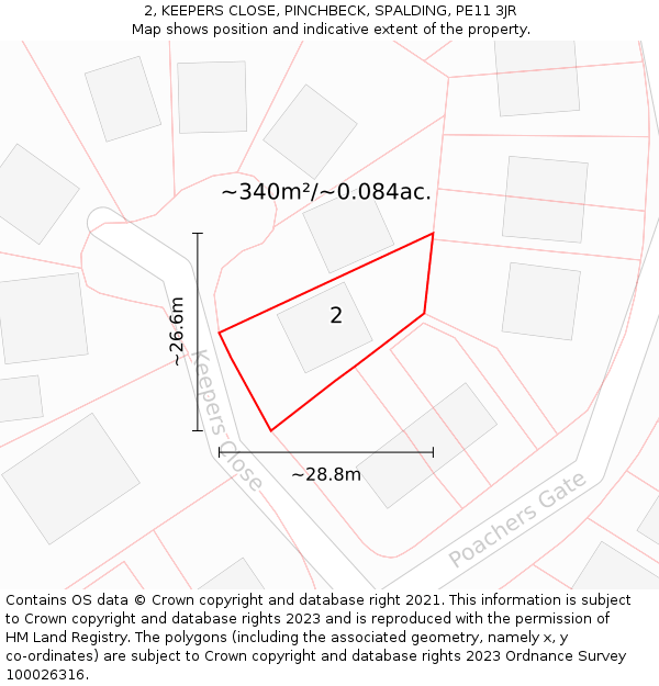 2, KEEPERS CLOSE, PINCHBECK, SPALDING, PE11 3JR: Plot and title map