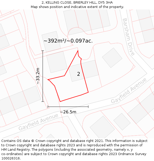 2, KELLING CLOSE, BRIERLEY HILL, DY5 3HA: Plot and title map