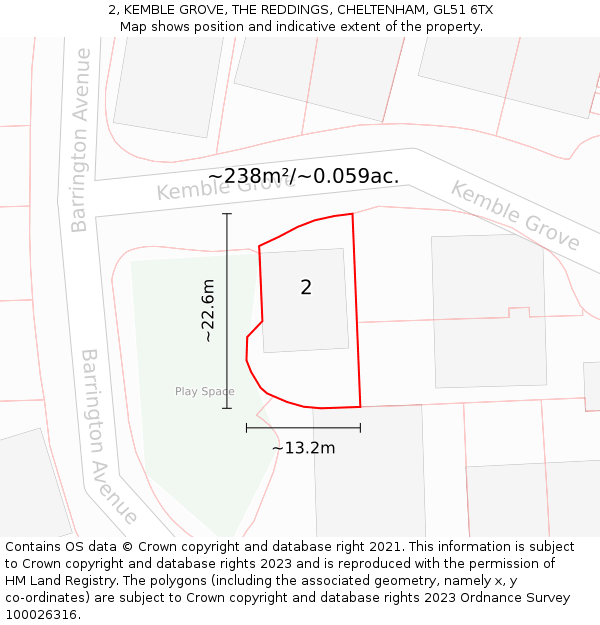 2, KEMBLE GROVE, THE REDDINGS, CHELTENHAM, GL51 6TX: Plot and title map