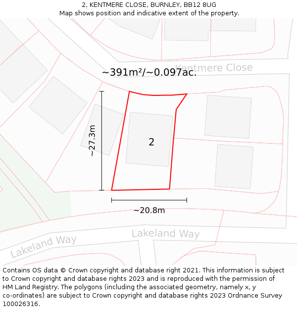 2, KENTMERE CLOSE, BURNLEY, BB12 8UG: Plot and title map