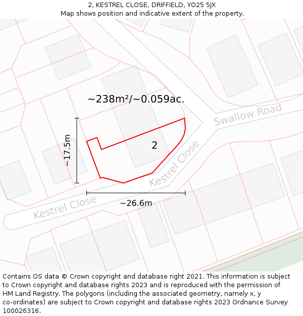 2, KESTREL CLOSE, DRIFFIELD, YO25 5JX: Plot and title map