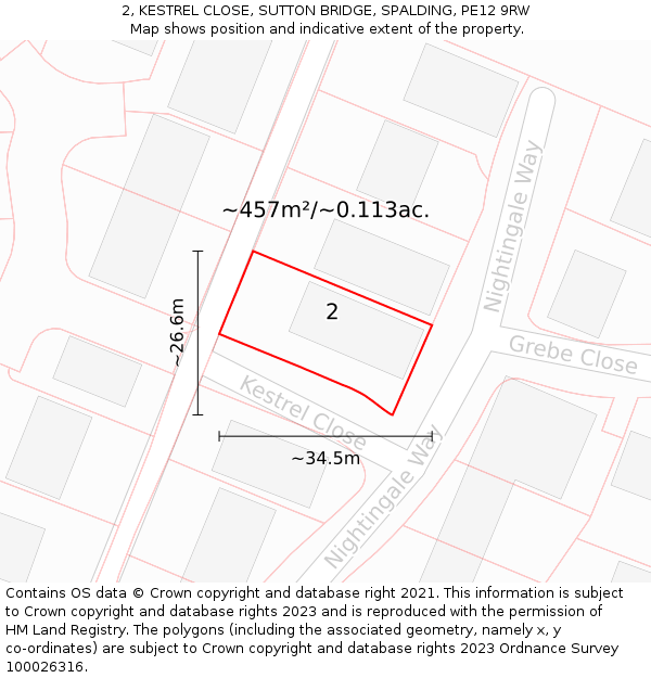 2, KESTREL CLOSE, SUTTON BRIDGE, SPALDING, PE12 9RW: Plot and title map