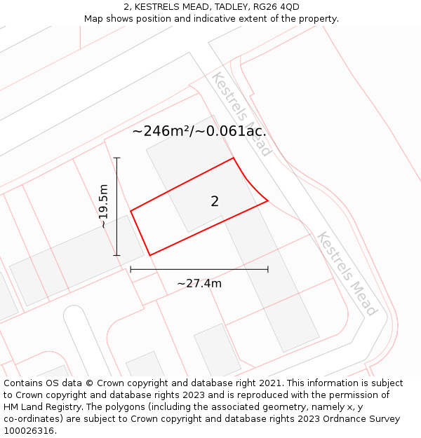 2, KESTRELS MEAD, TADLEY, RG26 4QD: Plot and title map