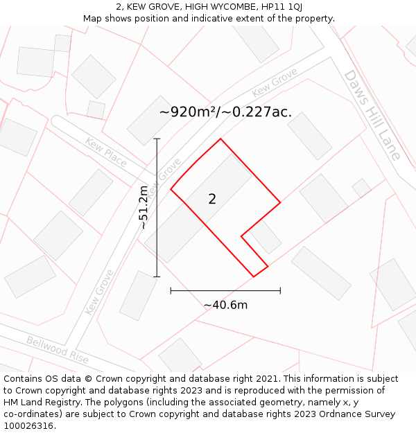 2, KEW GROVE, HIGH WYCOMBE, HP11 1QJ: Plot and title map