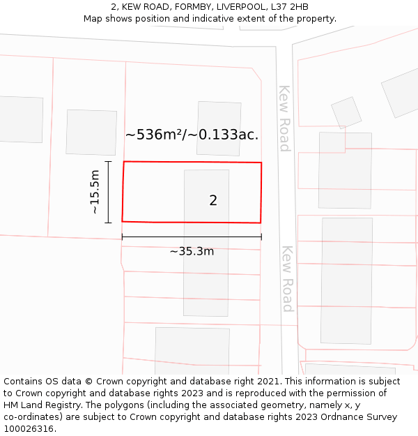 2, KEW ROAD, FORMBY, LIVERPOOL, L37 2HB: Plot and title map