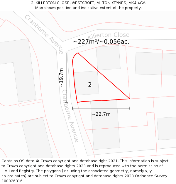 2, KILLERTON CLOSE, WESTCROFT, MILTON KEYNES, MK4 4GA: Plot and title map