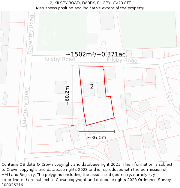 2, KILSBY ROAD, BARBY, RUGBY, CV23 8TT: Plot and title map