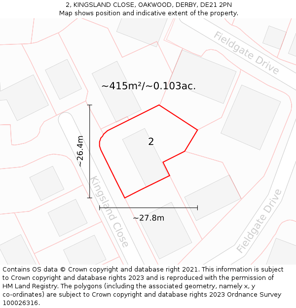 2, KINGSLAND CLOSE, OAKWOOD, DERBY, DE21 2PN: Plot and title map