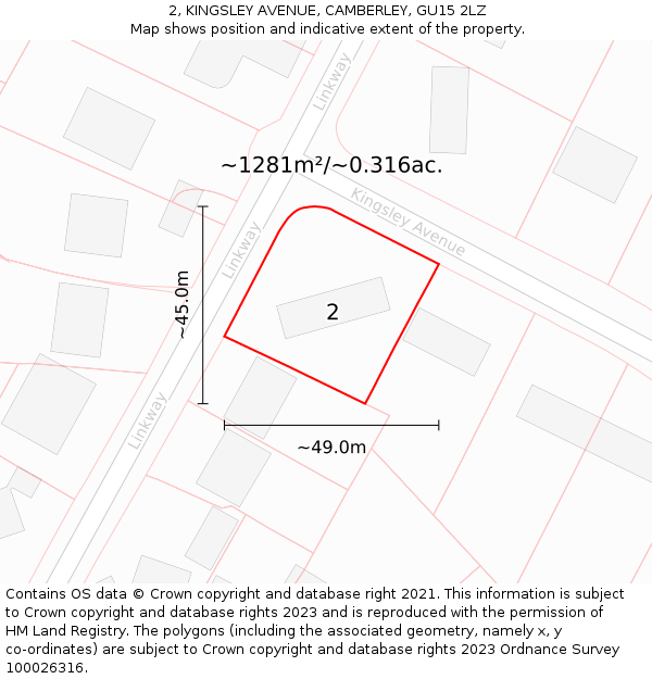 2, KINGSLEY AVENUE, CAMBERLEY, GU15 2LZ: Plot and title map