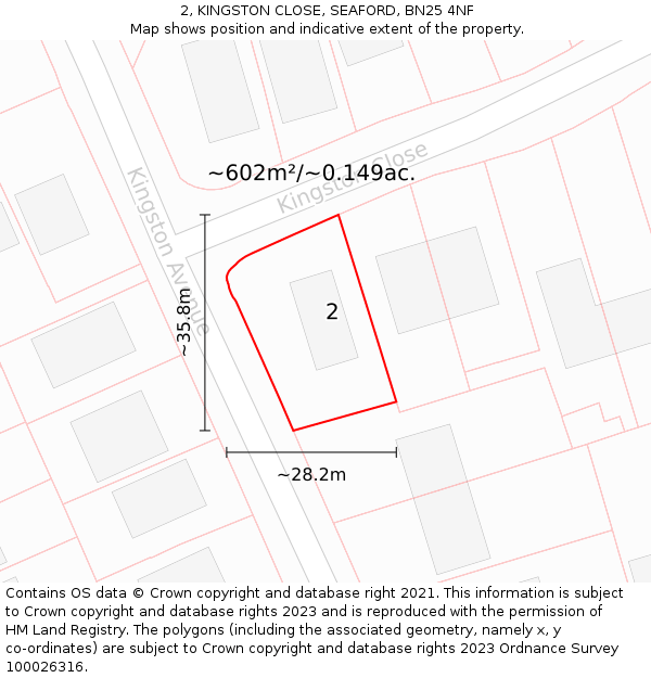 2, KINGSTON CLOSE, SEAFORD, BN25 4NF: Plot and title map