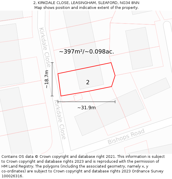 2, KIRKDALE CLOSE, LEASINGHAM, SLEAFORD, NG34 8NN: Plot and title map