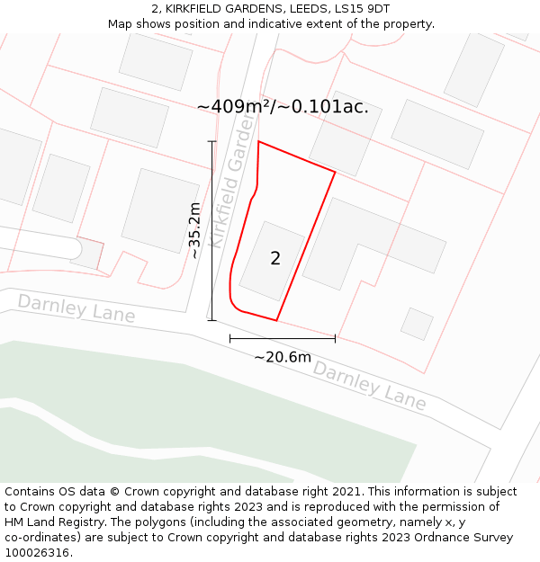 2, KIRKFIELD GARDENS, LEEDS, LS15 9DT: Plot and title map