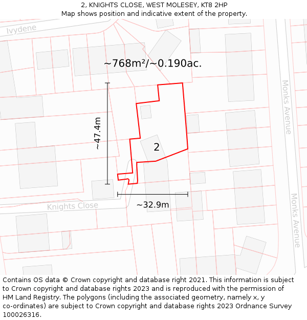 2, KNIGHTS CLOSE, WEST MOLESEY, KT8 2HP: Plot and title map
