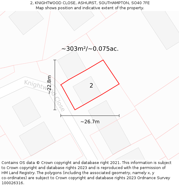 2, KNIGHTWOOD CLOSE, ASHURST, SOUTHAMPTON, SO40 7FE: Plot and title map