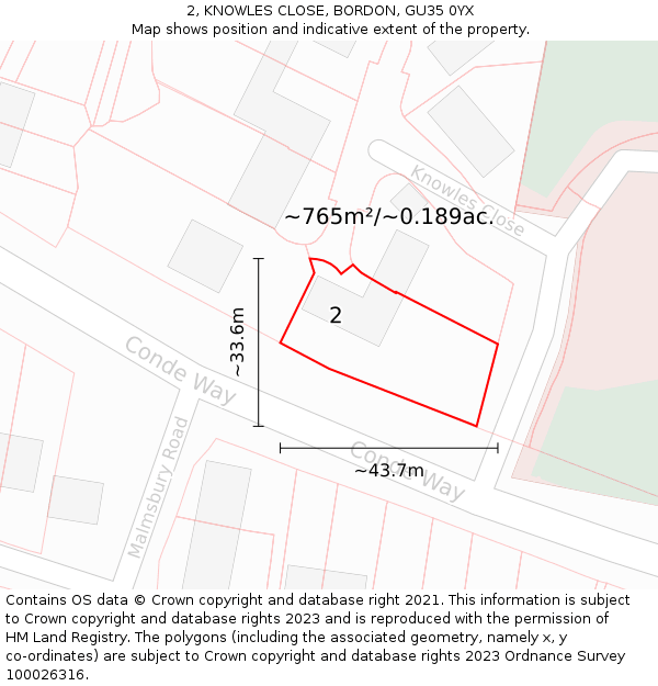 2, KNOWLES CLOSE, BORDON, GU35 0YX: Plot and title map