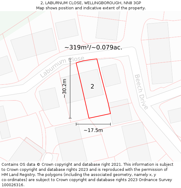 2, LABURNUM CLOSE, WELLINGBOROUGH, NN8 3GP: Plot and title map