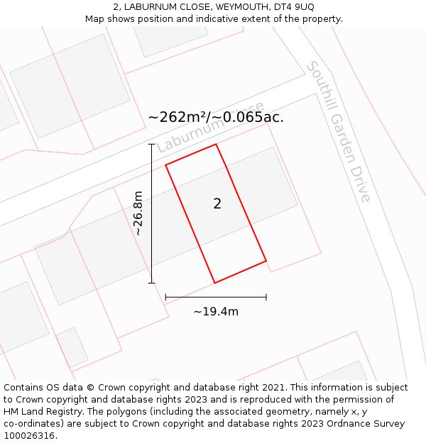 2, LABURNUM CLOSE, WEYMOUTH, DT4 9UQ: Plot and title map