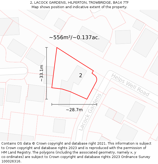 2, LACOCK GARDENS, HILPERTON, TROWBRIDGE, BA14 7TF: Plot and title map