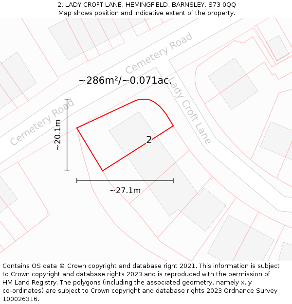 2, LADY CROFT LANE, HEMINGFIELD, BARNSLEY, S73 0QQ: Plot and title map