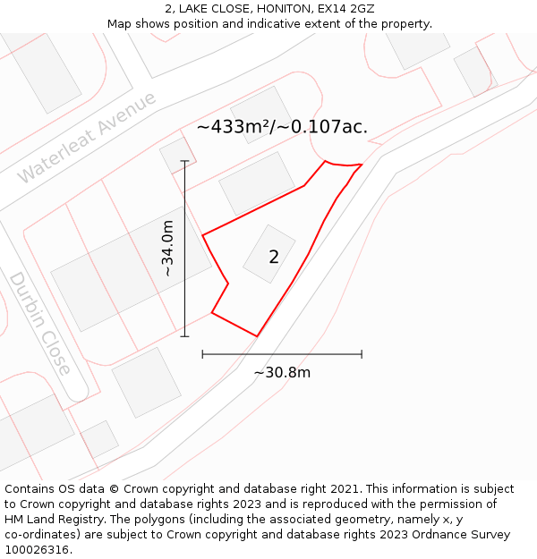 2, LAKE CLOSE, HONITON, EX14 2GZ: Plot and title map