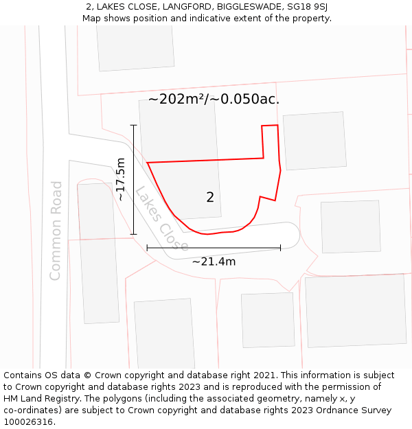 2, LAKES CLOSE, LANGFORD, BIGGLESWADE, SG18 9SJ: Plot and title map