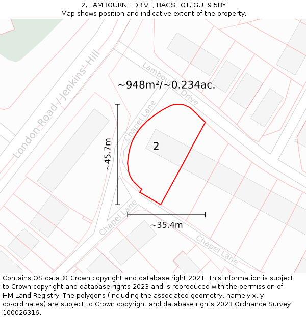 2, LAMBOURNE DRIVE, BAGSHOT, GU19 5BY: Plot and title map