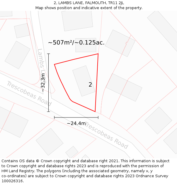2, LAMBS LANE, FALMOUTH, TR11 2JL: Plot and title map