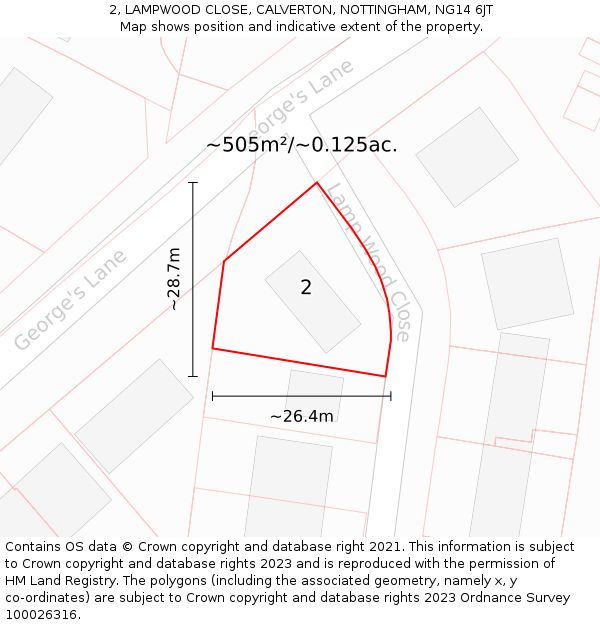2, LAMPWOOD CLOSE, CALVERTON, NOTTINGHAM, NG14 6JT: Plot and title map