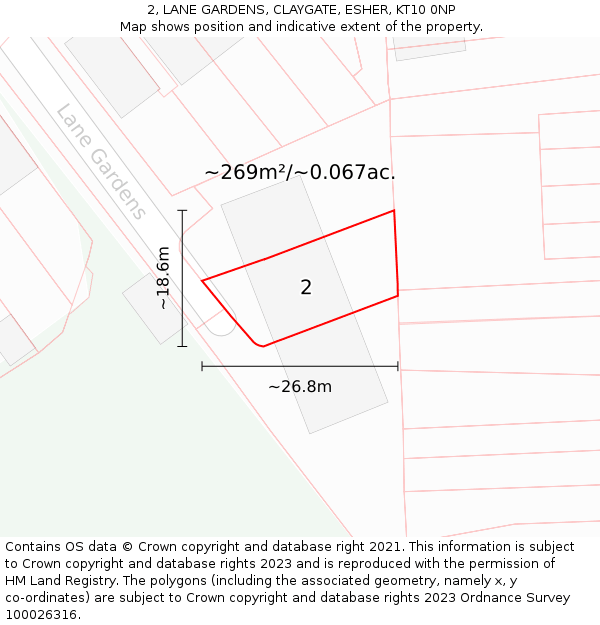 2, LANE GARDENS, CLAYGATE, ESHER, KT10 0NP: Plot and title map