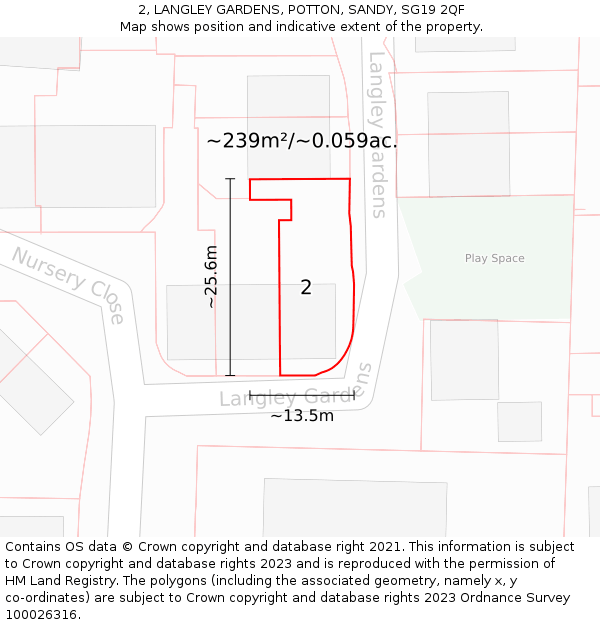 2, LANGLEY GARDENS, POTTON, SANDY, SG19 2QF: Plot and title map