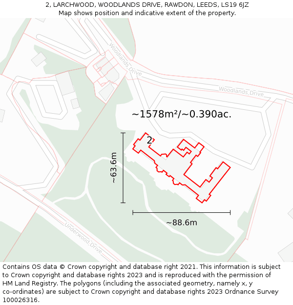 2, LARCHWOOD, WOODLANDS DRIVE, RAWDON, LEEDS, LS19 6JZ: Plot and title map