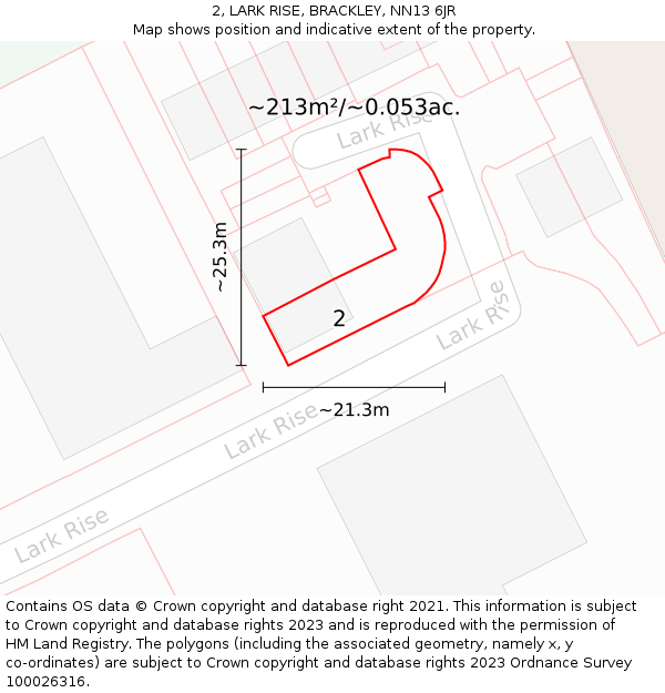 2, LARK RISE, BRACKLEY, NN13 6JR: Plot and title map